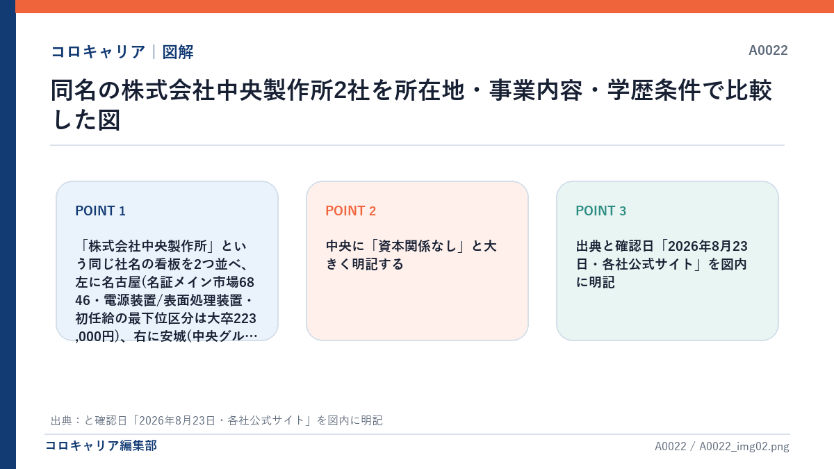 同名の株式会社中央製作所2社を所在地・事業内容・学歴条件で比較した図