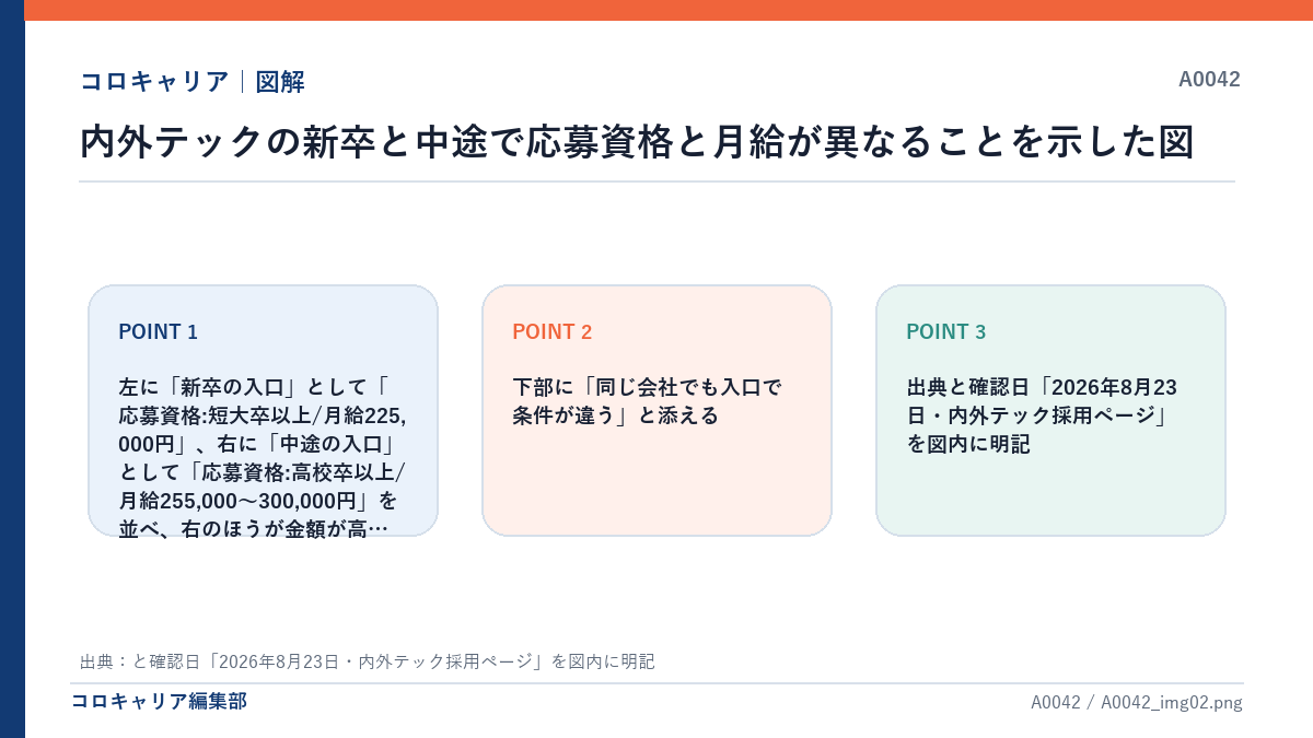 内外テックの新卒と中途で応募資格と月給が異なることを示した図