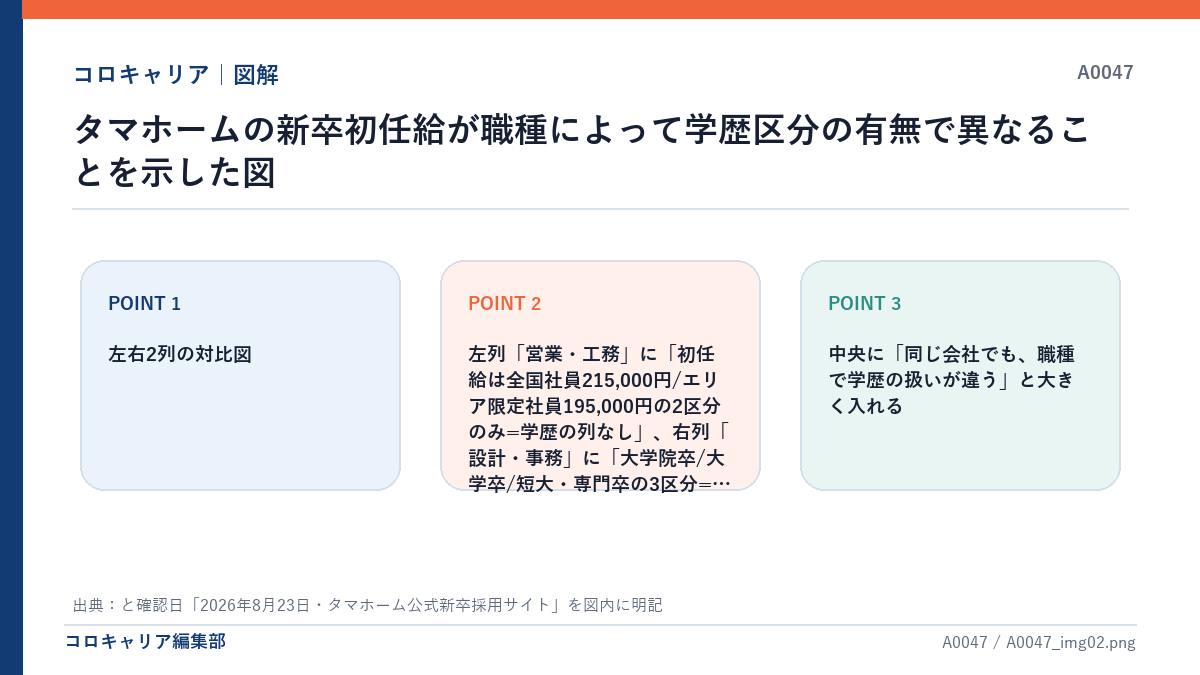 タマホームの新卒初任給が職種によって学歴区分の有無で異なることを示した図