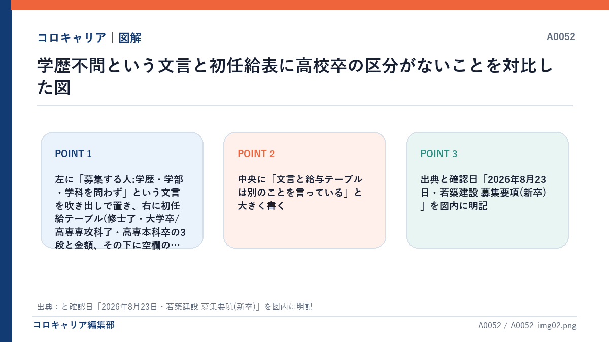 学歴不問という文言と初任給表に高校卒の区分がないことを対比した図
