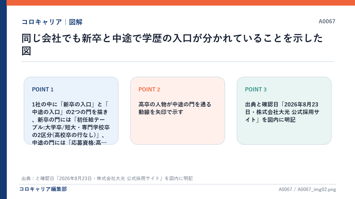同じ会社でも新卒と中途で学歴の入口が分かれていることを示した図