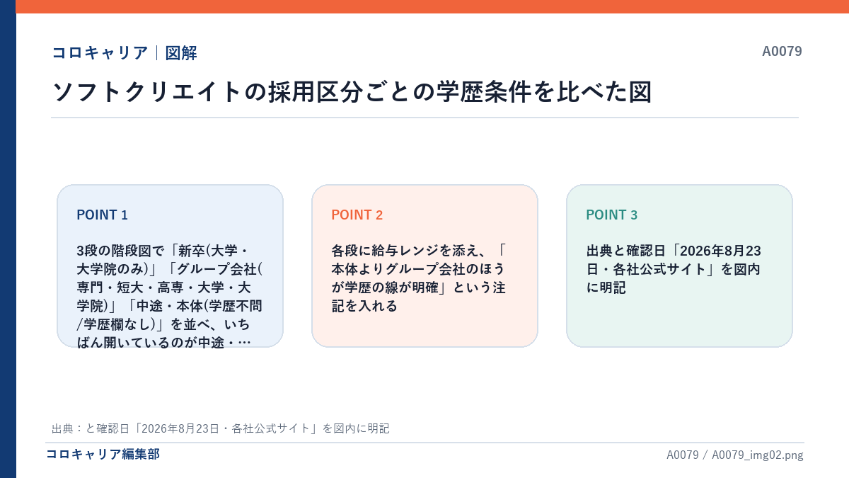ソフトクリエイトの採用区分ごとの学歴条件を比べた図