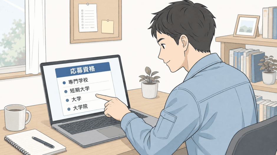 企業の募集要項で応募資格の学歴の列挙を確認するイメージ