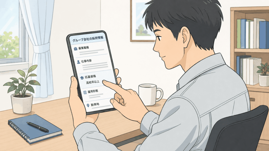 グループ会社の求人で応募資格の学歴条件を確認するイメージ