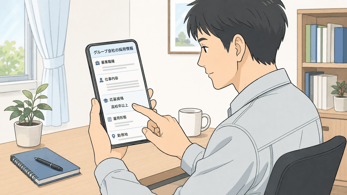 グループ会社の求人で応募資格の学歴条件を確認するイメージ
