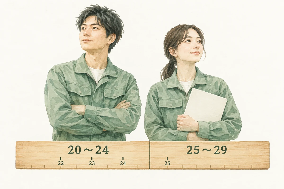 20代の高卒転職で使われる年齢階級の目盛りと、22〜25歳の位置関係を示すイメージ図