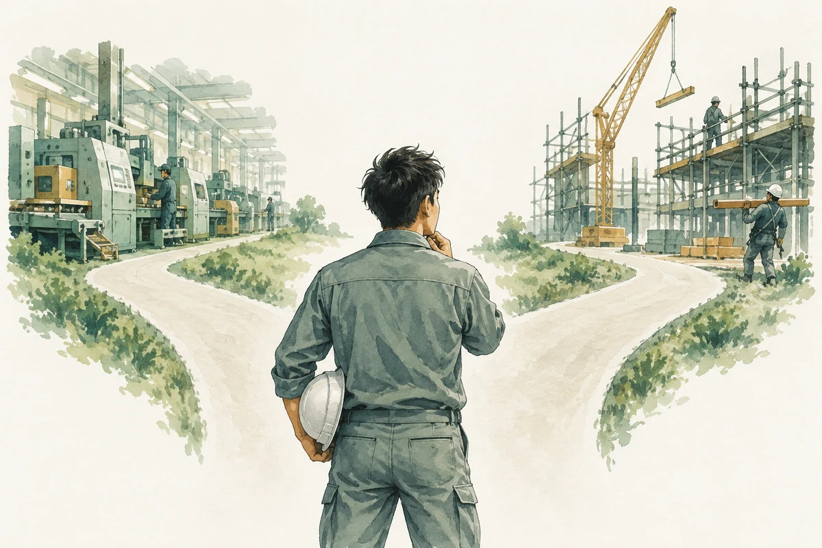中卒の転職で結果が分かれる2つの道(製造業と建設業)を示すイメージ図