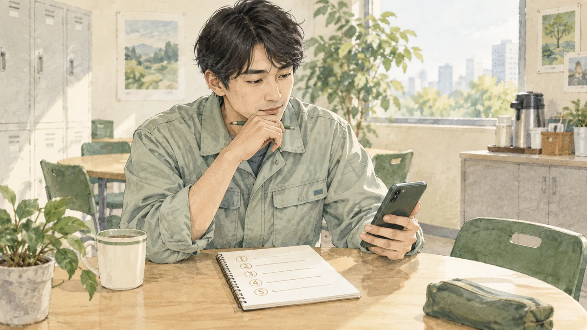 求人の画面と法定の確認項目リストを見比べているイメージ