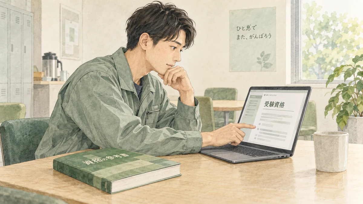 資格の参考書を開く前に受験資格の条文を確認している様子