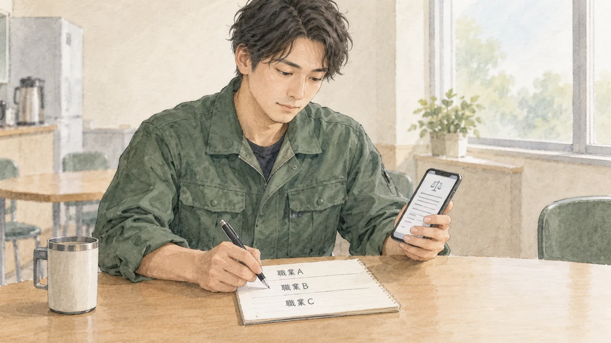 職業を3つの欄に書き分けながら条文を確認している様子のイメージ