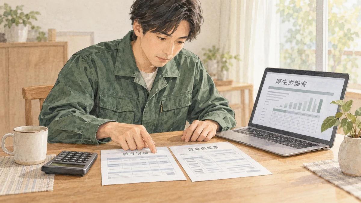 給与明細と源泉徴収票を厚生労働省の賃金統計と見比べているイメージ