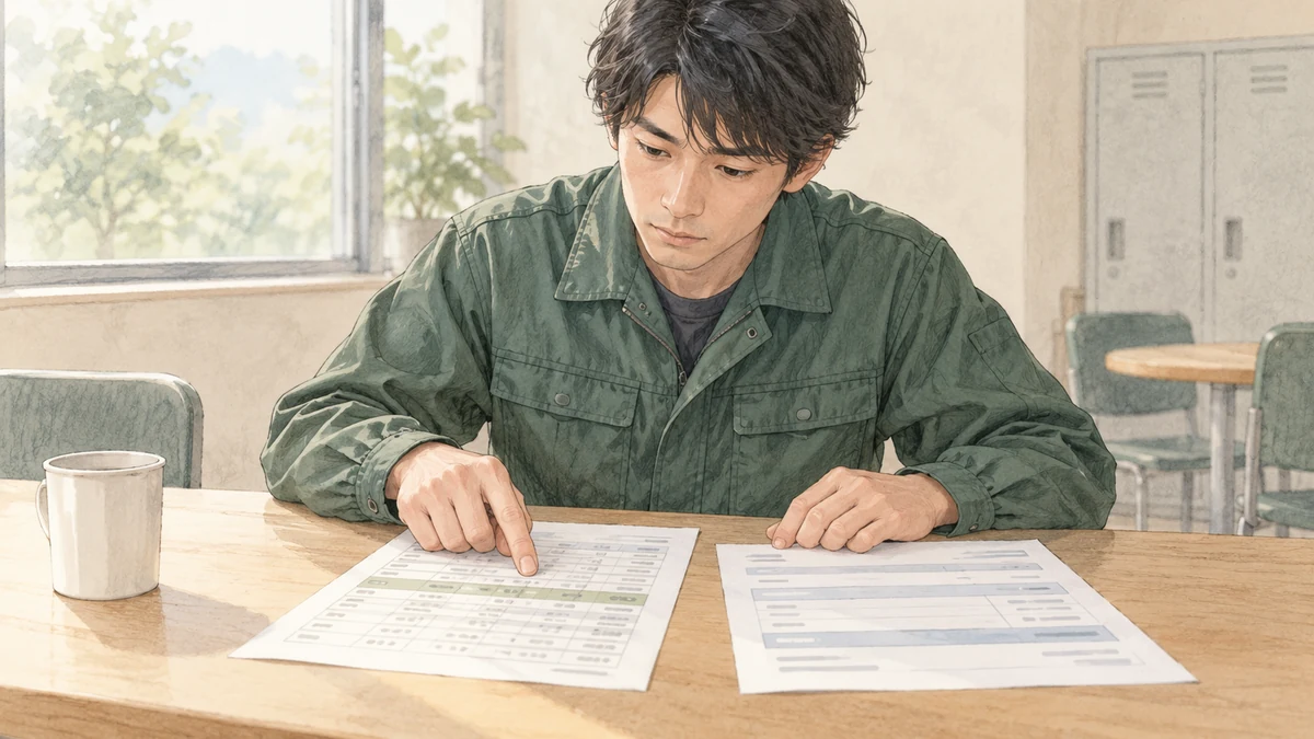 自分の給与明細と学歴別・年齢階級別の賃金表を並べて現在地を確かめているイメージ