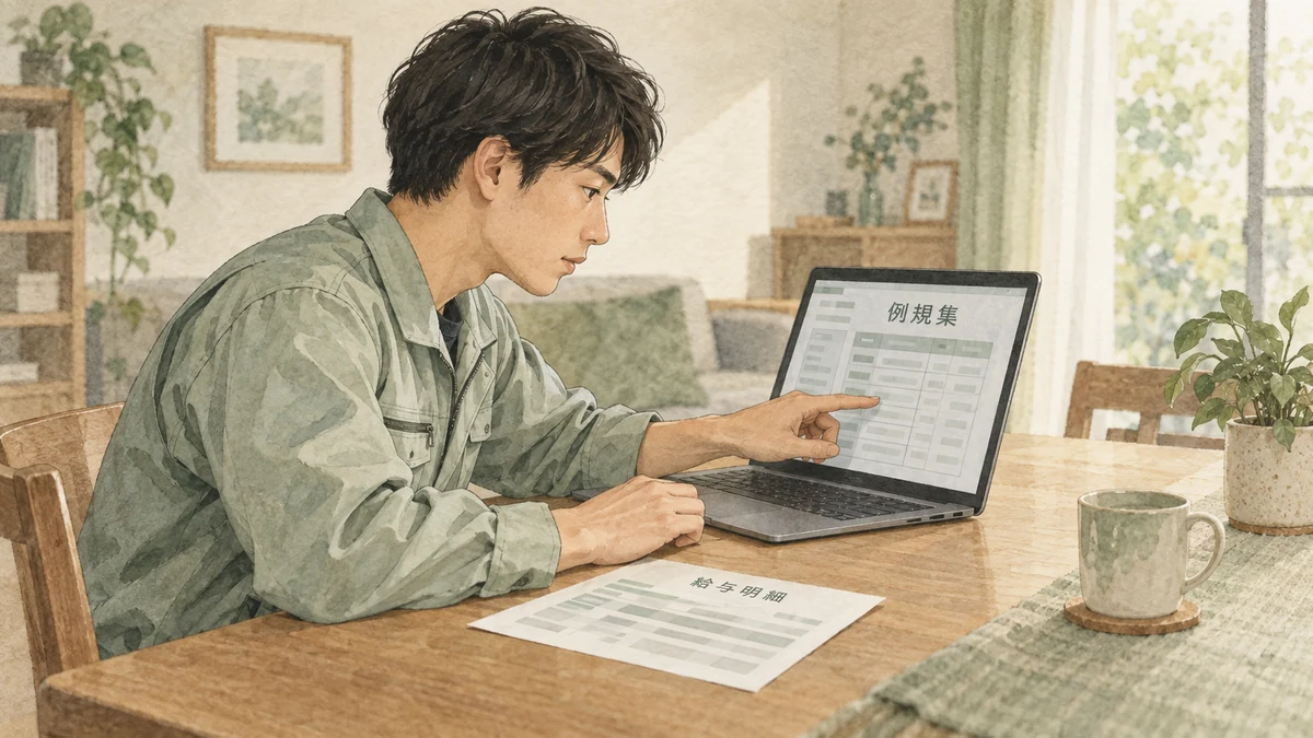 自治体の例規集にある給料表と自分の給与明細を見比べているイメージ