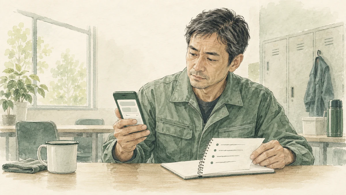 求人の画面と手元のメモを見比べている40代の転職希望者のイメージ