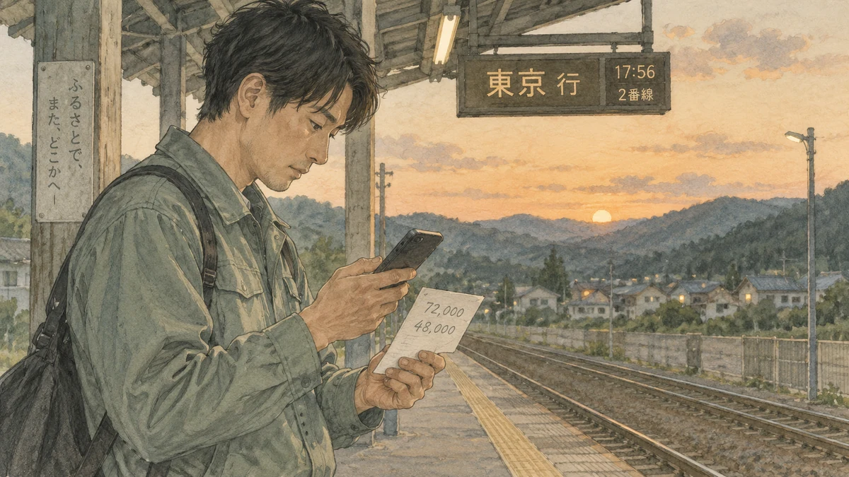 地方の駅で2つの金額を見比べている転職希望者のイメージ