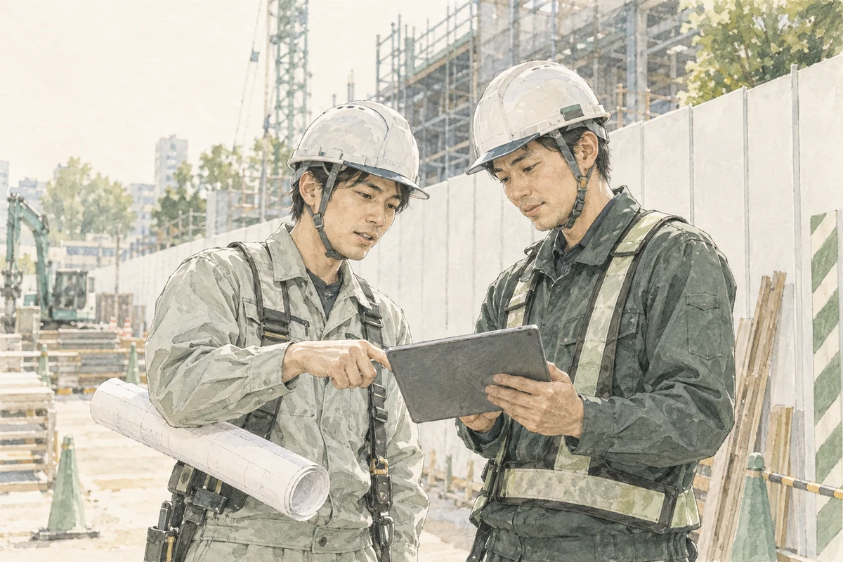 未経験から施工管理に入った人が現場で図面を確認しているイメージ