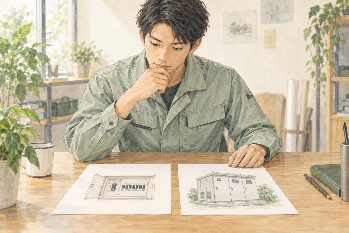 住宅の配線工事と受変電設備の工事を見比べるイメージ