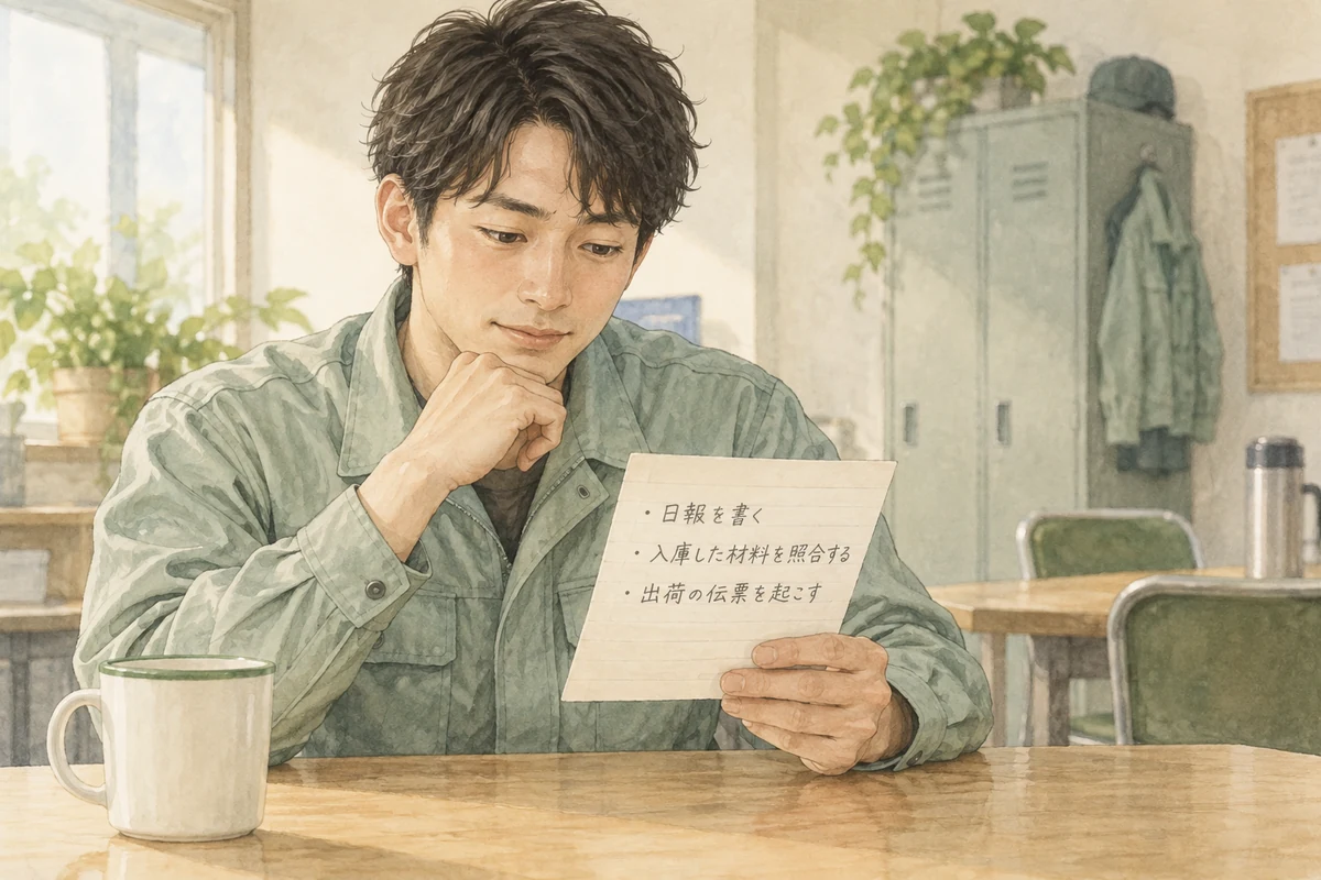 前の職場でしていた作業を書き出して、事務の仕事と照らし合わせているイメージ