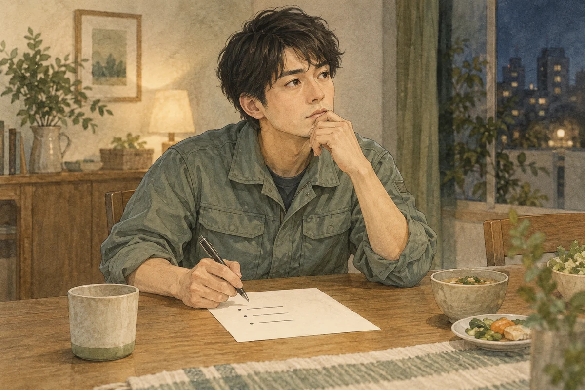 辞めたい理由を紙に書き出して整理しようとしている高卒の社会人のイメージ図