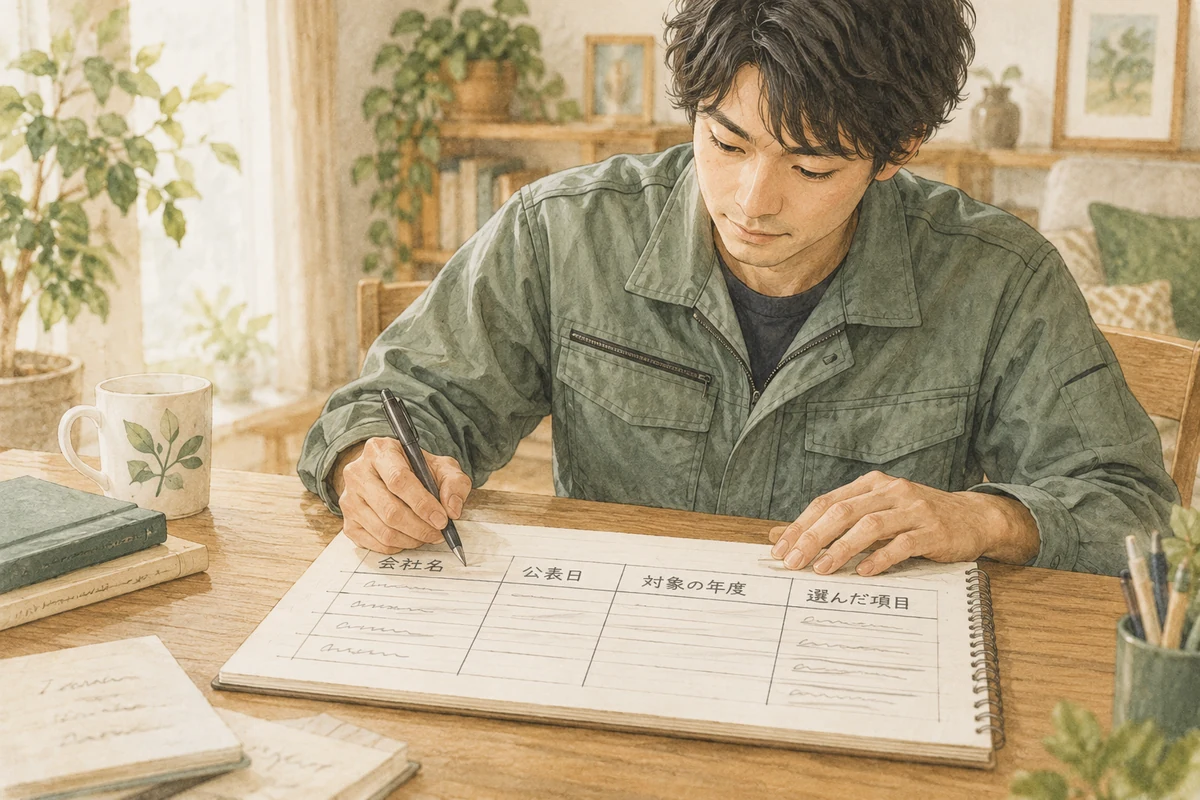 候補の会社ごとに、公表されている項目と公表日をノートに書き出しているイメージ