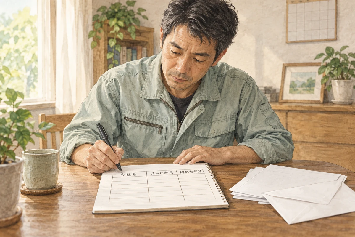 手元の書類を見ながら、勤めた会社と年月をノートに1行ずつ書き出しているイメージ