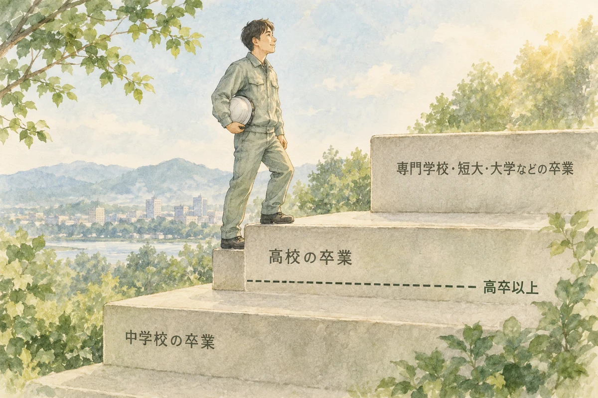 高校の卒業の段に引かれた「高卒以上」の線と、その段に立つ人物のイメージ