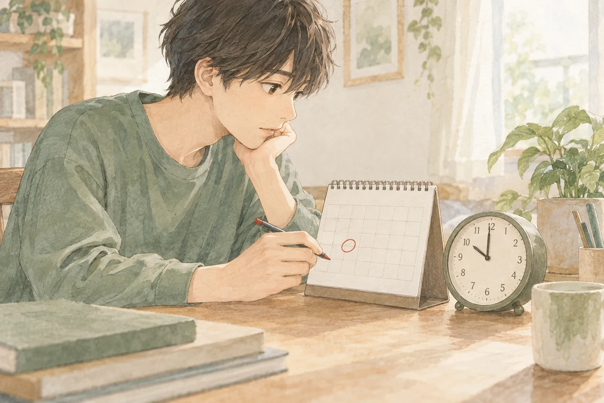 18歳の誕生日に丸を付けたカレンダーと、10時を指す時計を見比べているイメージ