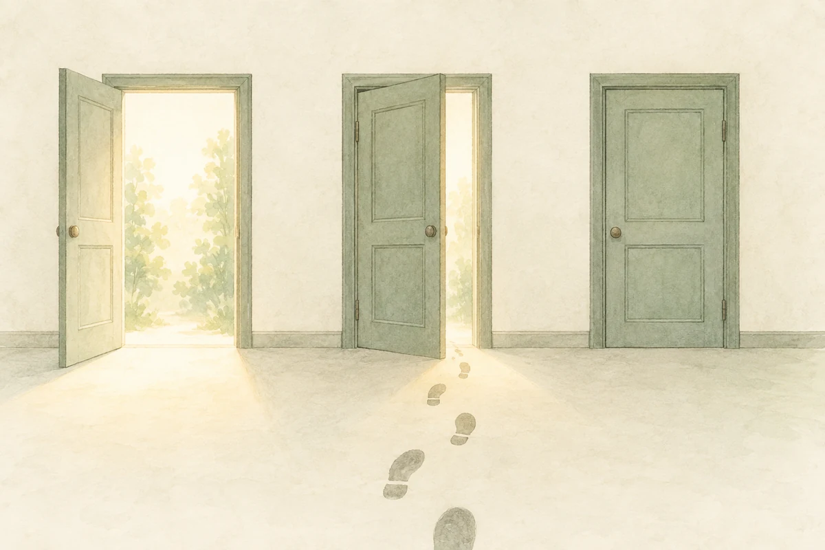 働いている、仕事を探している、どちらでもないの3つの状態を扉で表したイメージ