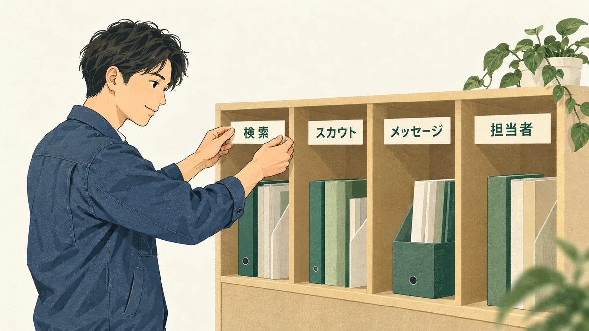 転職アプリの機能を4つの語に仕分けているイメージ